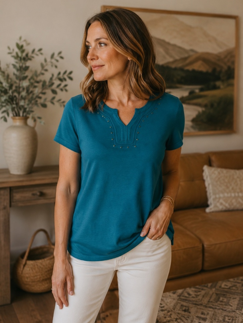 Chico’s Teal Linen Cotton Beaded Split Neck Coastal Top Size 0